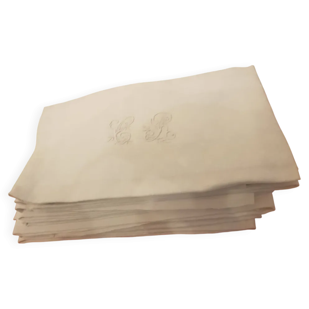 Lot de 9 serviettes en lin monogrammées vintage