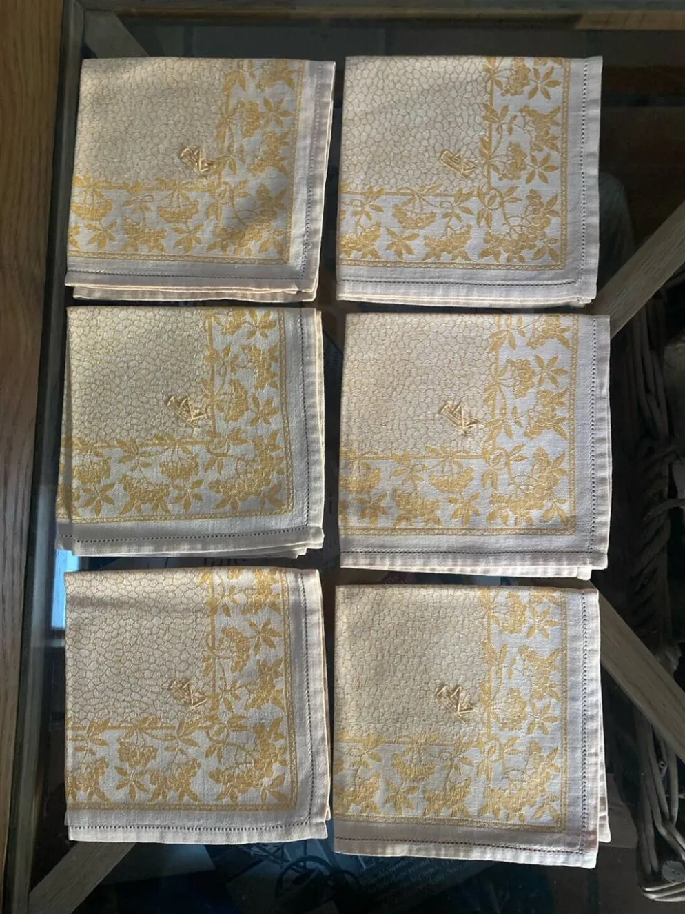 Lot de 6 serviettes à thé monogrammées en damassé