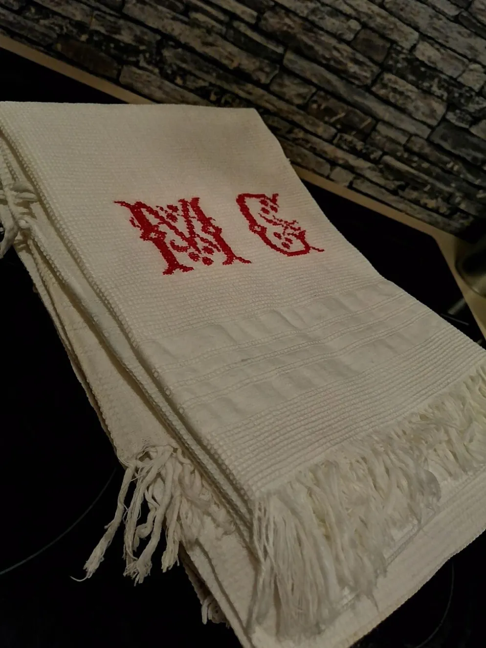 Lot de 6 serviettes toilette coton i nid d abeilles franges 1930 50