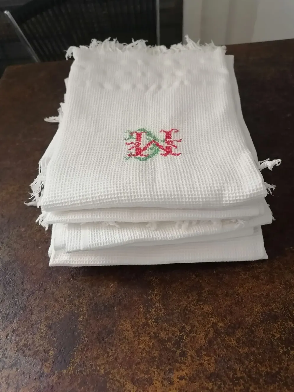 Lot de 6 serviettes toilette coton i nid d abeilles franges 1930 50