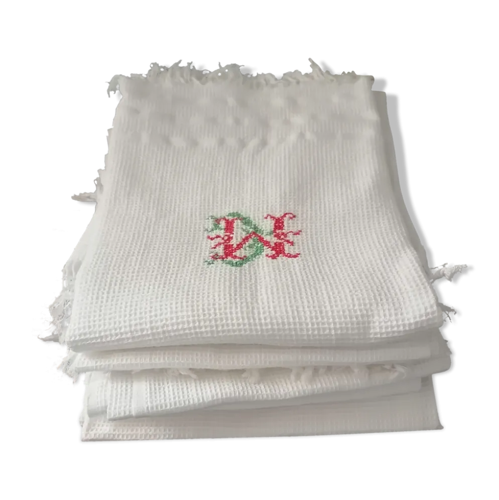 Lot de 6 serviettes toilette coton i nid d abeilles franges 1930 50