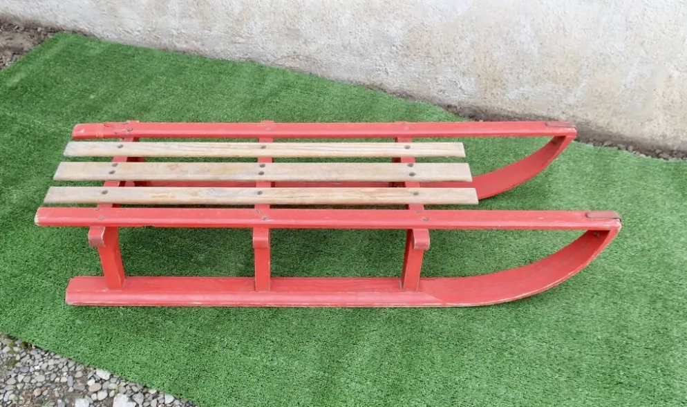 Luge vintage biplace traîneau bois de chêne 1930's 106 cm