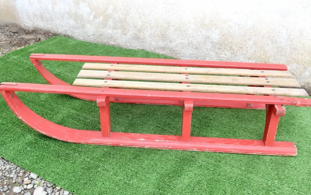 Luge vintage biplace traîneau bois de chêne 1930's 106 cm