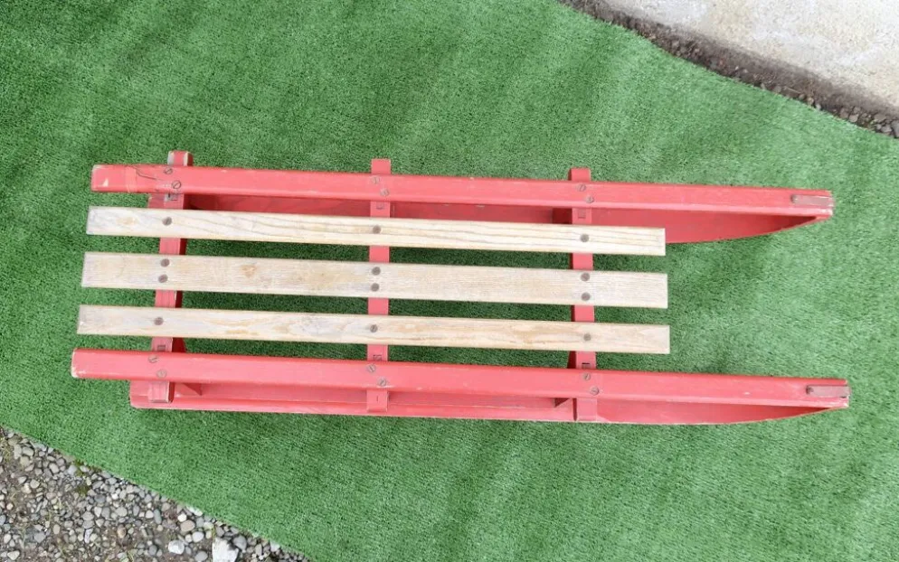 Luge vintage biplace traîneau bois de chêne 1930's 106 cm