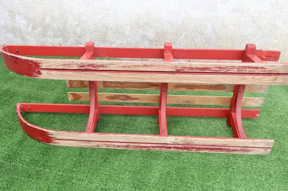 Luge vintage biplace traîneau bois de chêne 1930's 106 cm
