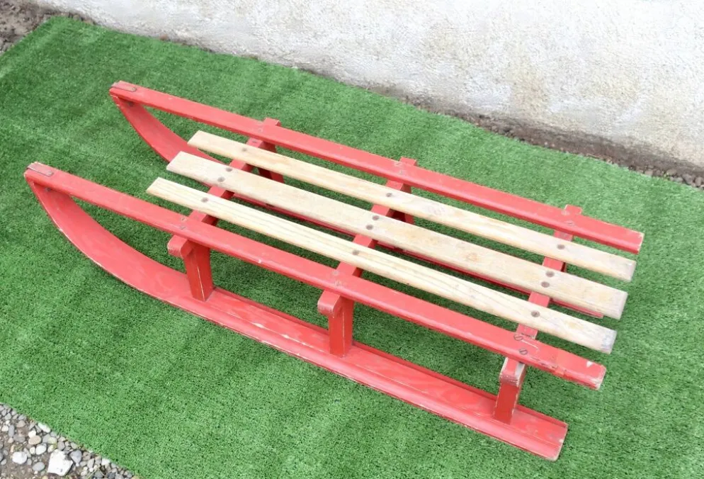 Luge vintage biplace traîneau bois de chêne 1930's 106 cm