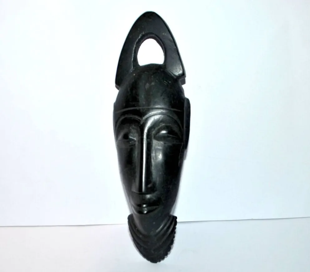 Masque africaine en bois d'ébène - sculpture tête barbue afrique ethnique 20.5 x 6.5