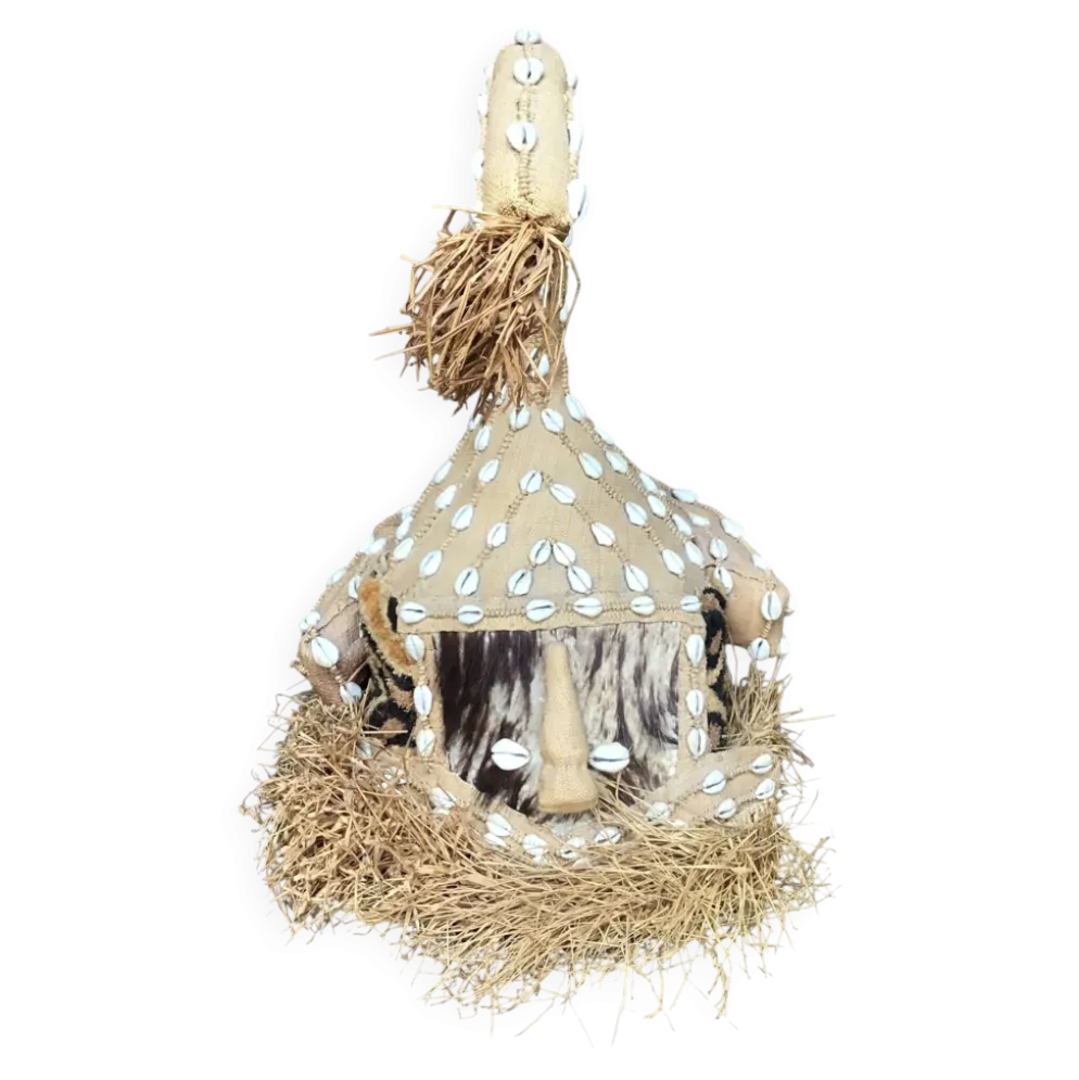 Masque-heaume éléphant Kuba Mukyeem / Mukenga – Congo – Cauris & raphia