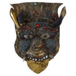 Masque rituel vintage en laiton repoussé Népal/Tibet