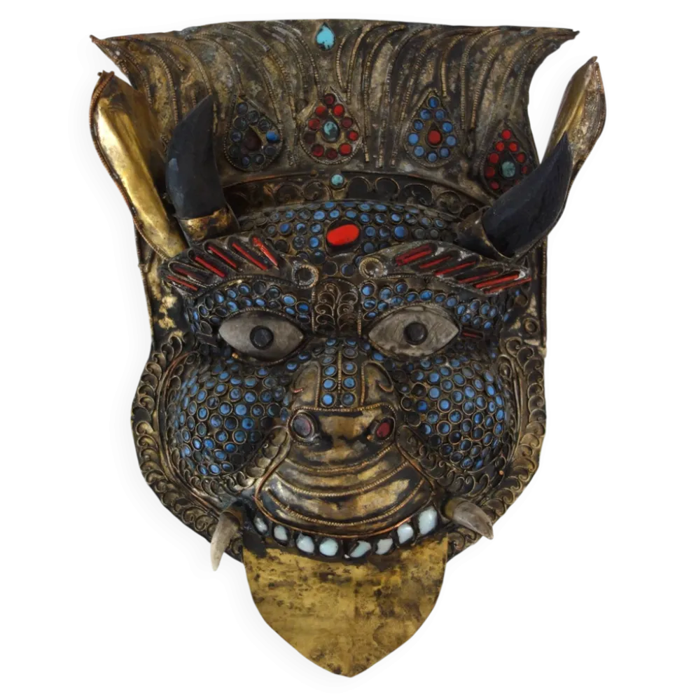 Masque rituel vintage en laiton repoussé Népal/Tibet