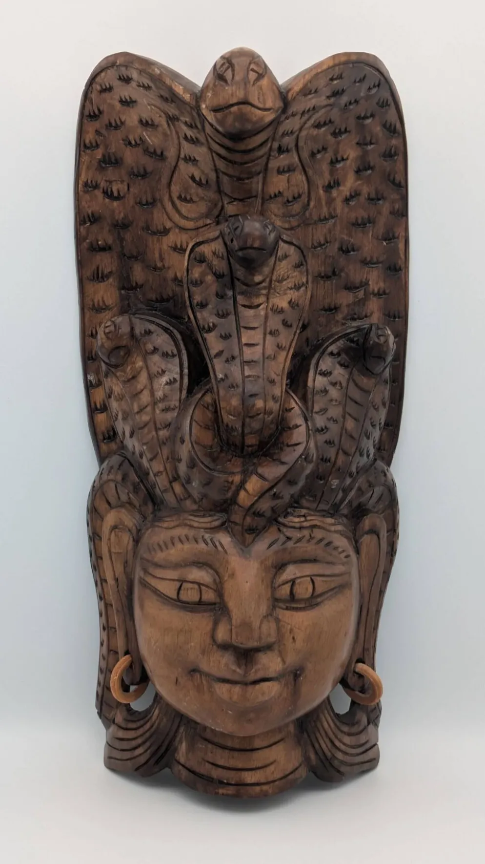Masque Sculptural Bois - Visage & Cobra Royal (Naga) - Art Tribal Indonésie