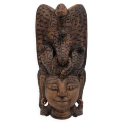 Masque Sculptural Bois - Visage & Cobra Royal (Naga) - Art Tribal Indonésie