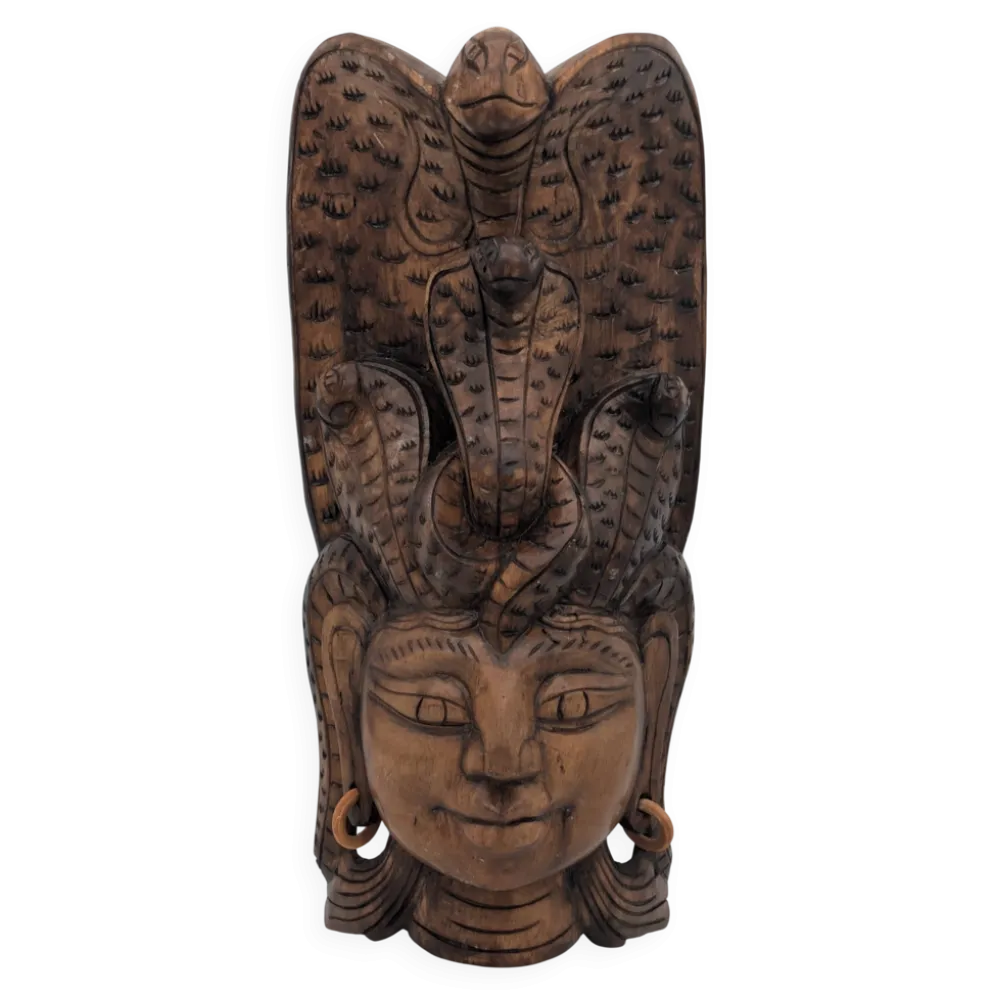 Masque Sculptural Bois - Visage & Cobra Royal (Naga) - Art Tribal Indonésie