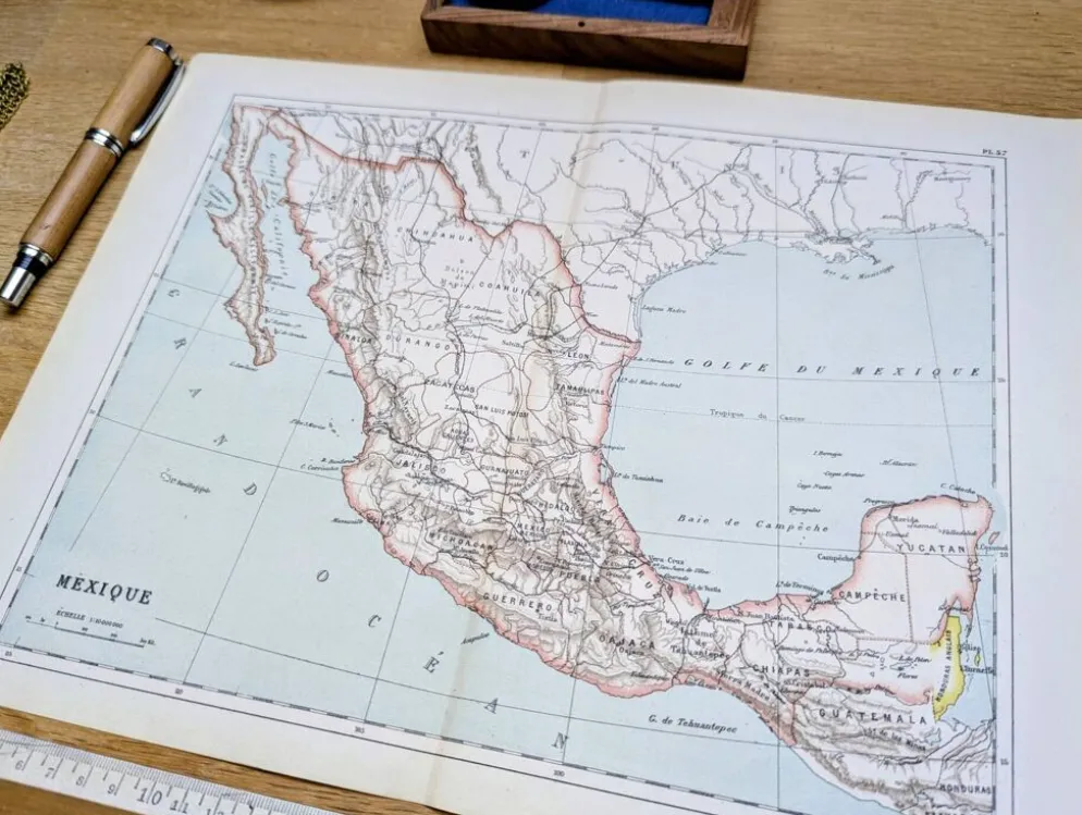 Mexique, carte d'époque, 1887, Authentique.