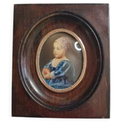 Miniature peinte “Baby Stuart” d’après Van Dyck cadre bois signé 11x13 cm