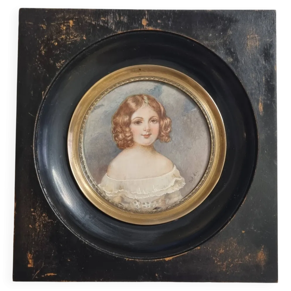 Miniature portrait de jeune femme romantique signée cadre bois 13 x 13 cm