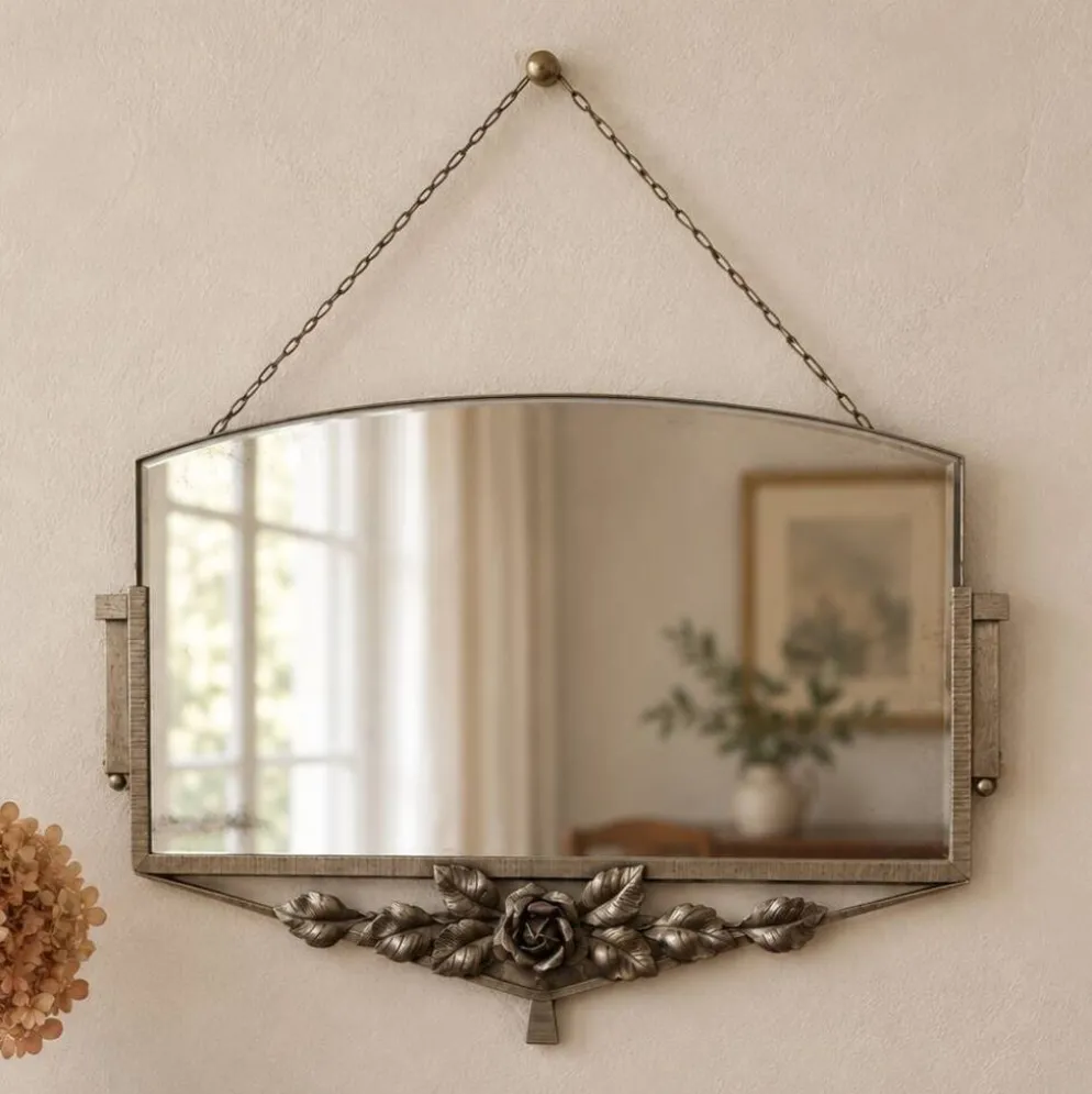 Miroir ancien Art déco en métal à décor de roses – miroir mural vintage ann