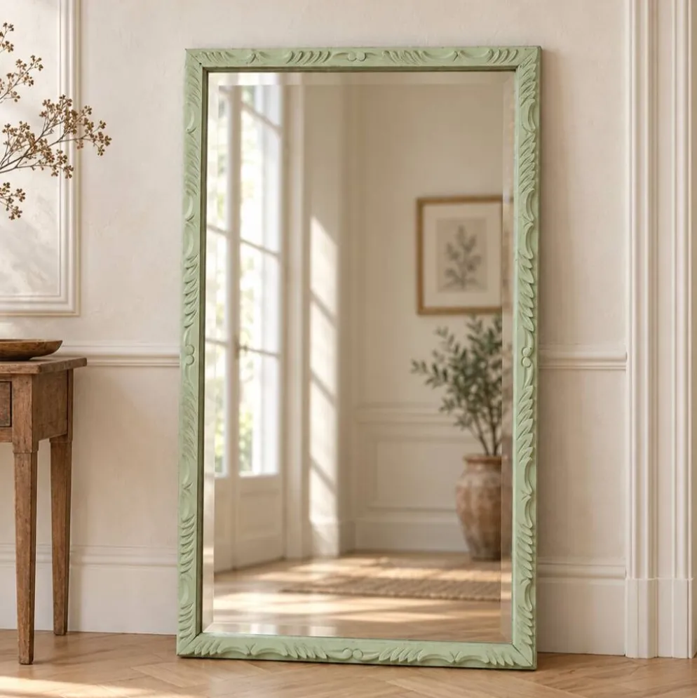 Miroir ancien biseauté en bois massif sculpté vert Lézard –