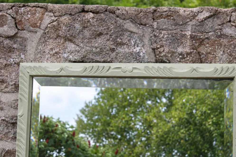 Miroir ancien biseauté en bois massif sculpté vert Lézard –