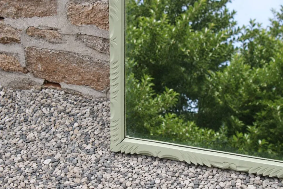 Miroir ancien biseauté en bois massif sculpté vert Lézard –