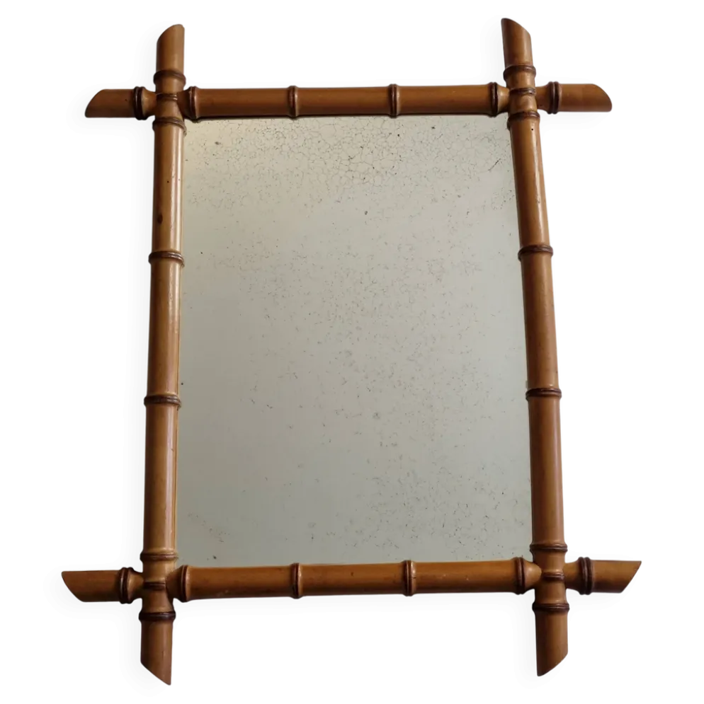 Miroir ancien en bois tourné façon bambou, fin XIXe siècle, 69 x 53 cm