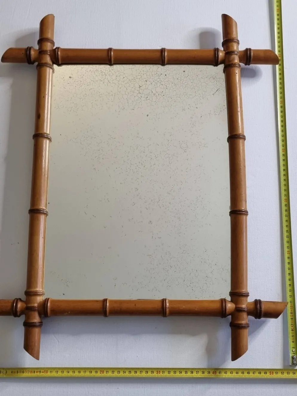 Miroir ancien en bois tourné façon bambou, fin XIXe siècle, 69 x 53 cm