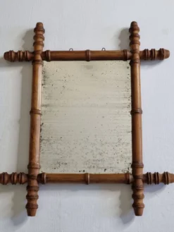 Miroir ancien en bois tourné style bambou, fin XIXe siècle, 44 x 38 cm