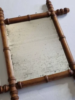 Miroir ancien en bois tourné style bambou, fin XIXe siècle, 44 x 38 cm