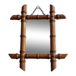 Miroir ancien en bois tourné style bambou, fin XIXe siècle, 38 x 31 cm
