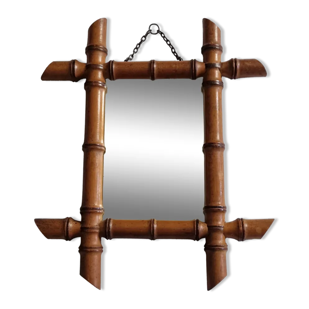 Miroir ancien en bois tourné style bambou, fin XIXe siècle, 38 x 31 cm