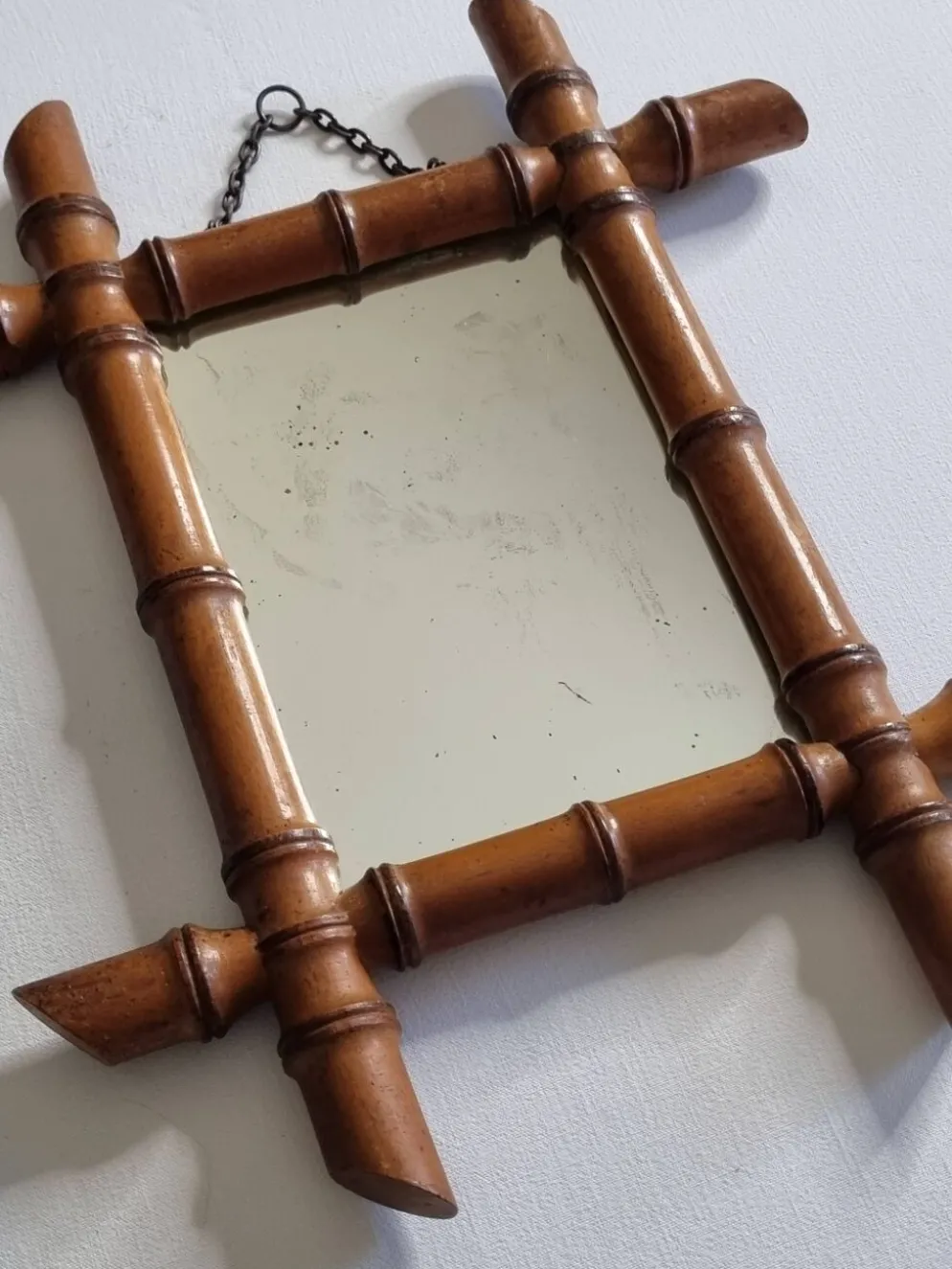 Miroir ancien en bois tourné style bambou, fin XIXe siècle, 38 x 31 cm