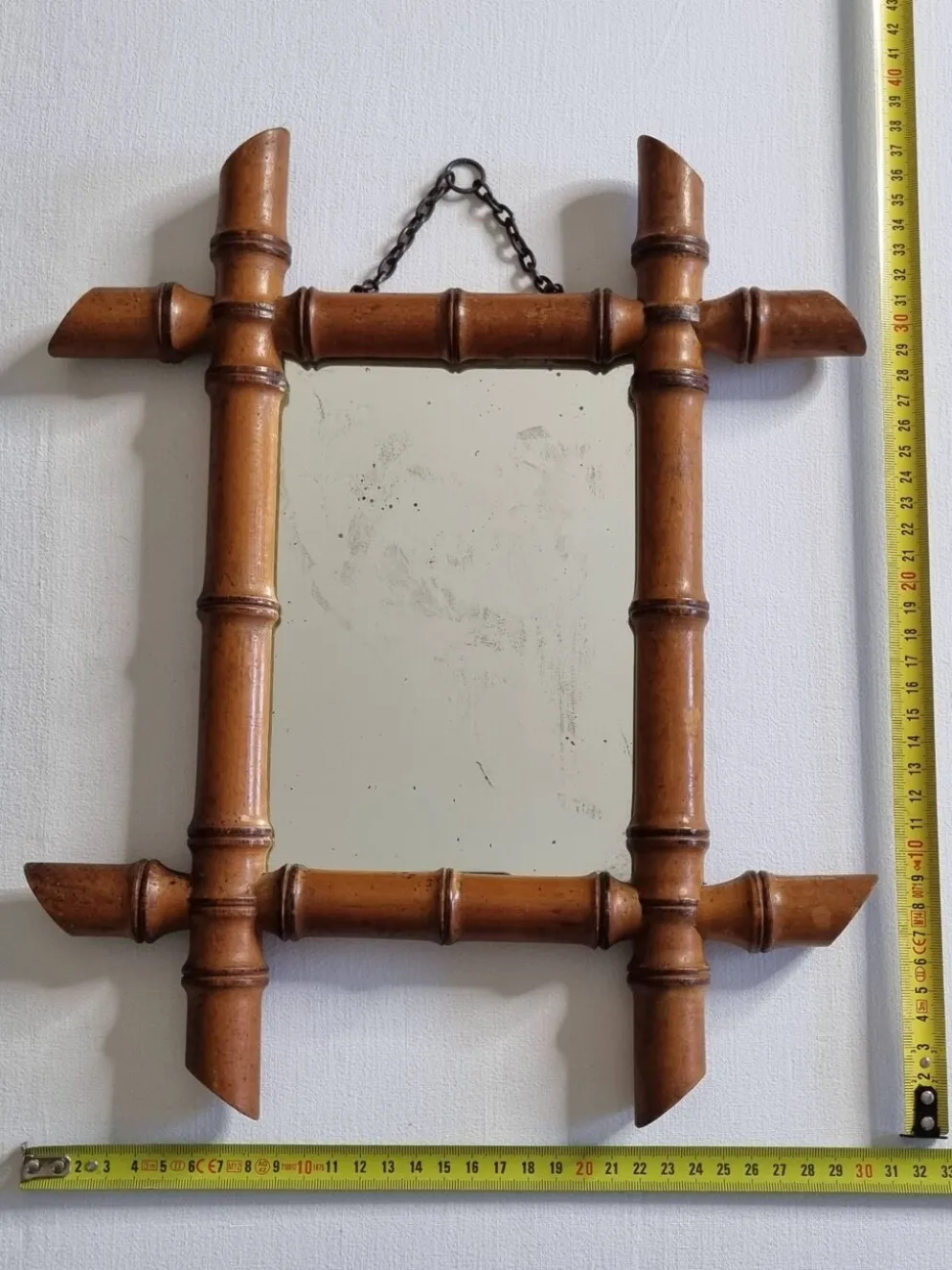 Miroir ancien en bois tourné style bambou, fin XIXe siècle, 38 x 31 cm