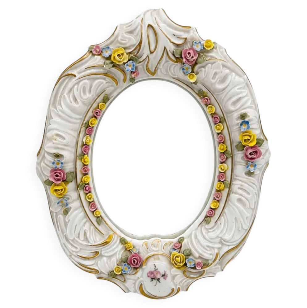 Miroir ancien en porcelaine de Dresde à fleurs en relief décor rocaille