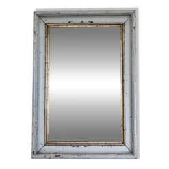 Miroir ancien patine shabby chic blanc et doré, glace Mercure piqué