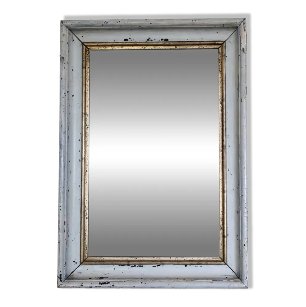 Miroir ancien patine shabby chic blanc et doré, glace Mercure piqué