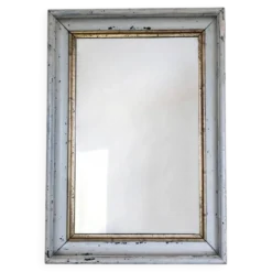Miroir ancien patine shabby chic blanc et doré, glace Mercure piqué