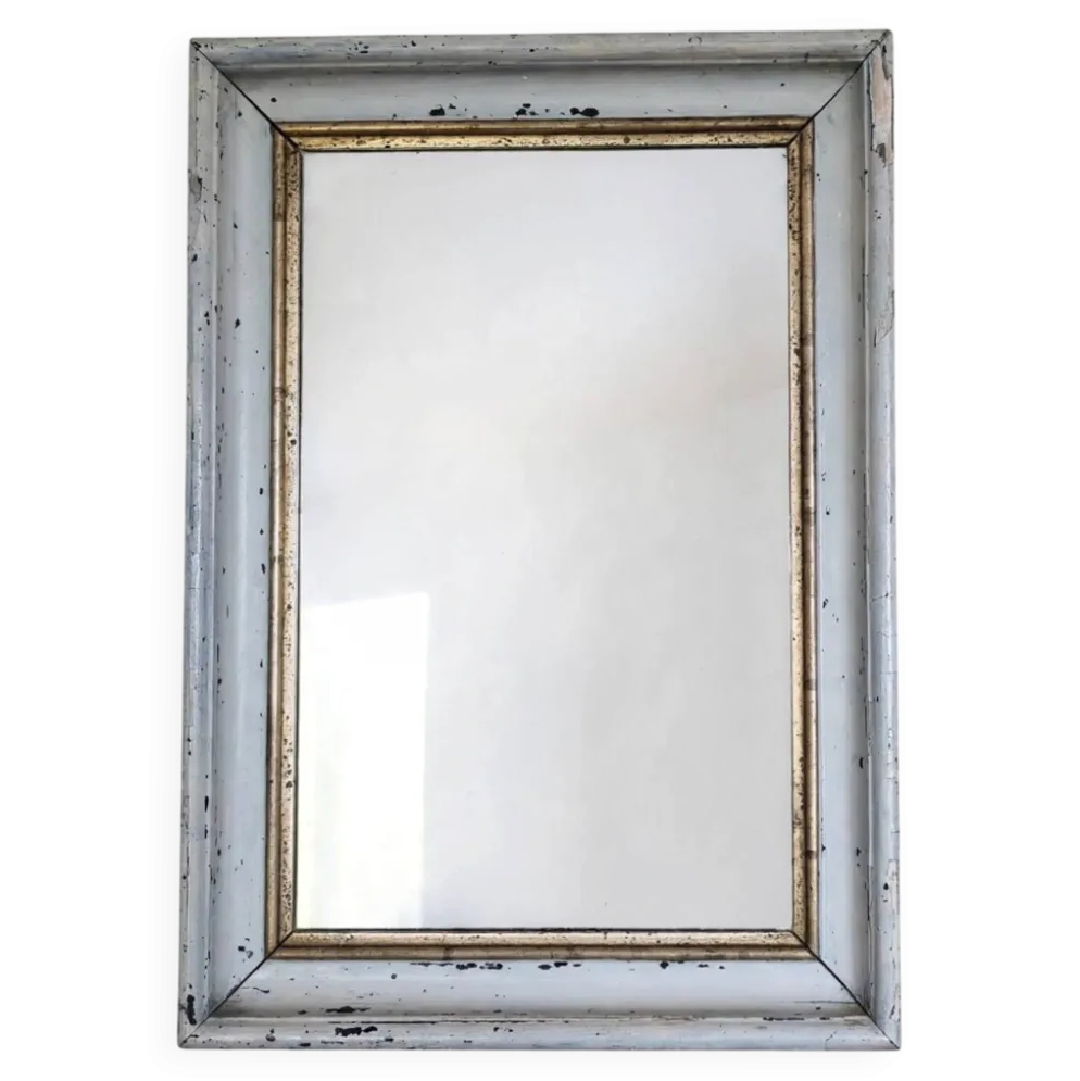 Miroir ancien patine shabby chic blanc et doré, glace Mercure piqué