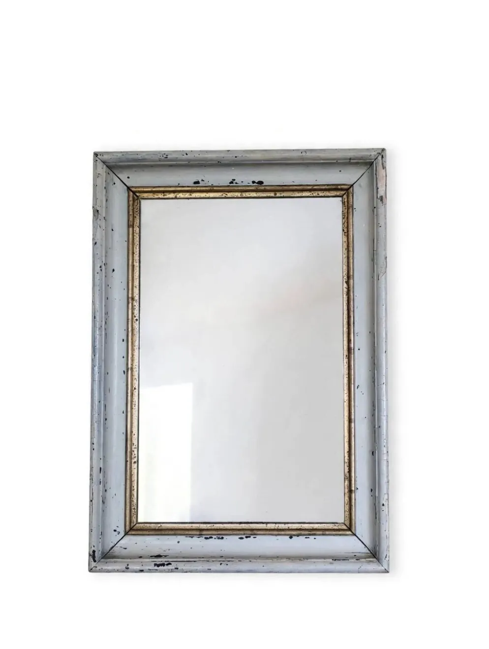 Miroir ancien patine shabby chic blanc et doré, glace Mercure piqué