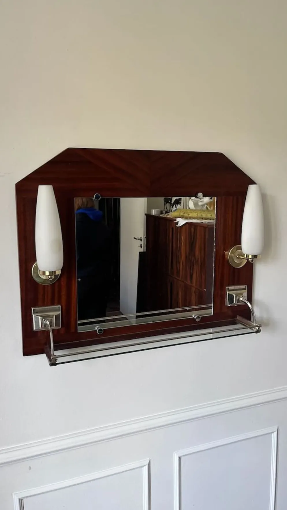 Miroir appliques en teck et opalines