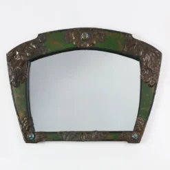 Miroir Arts & Crafts en métal vert avec décoration en verre, France vers 1905