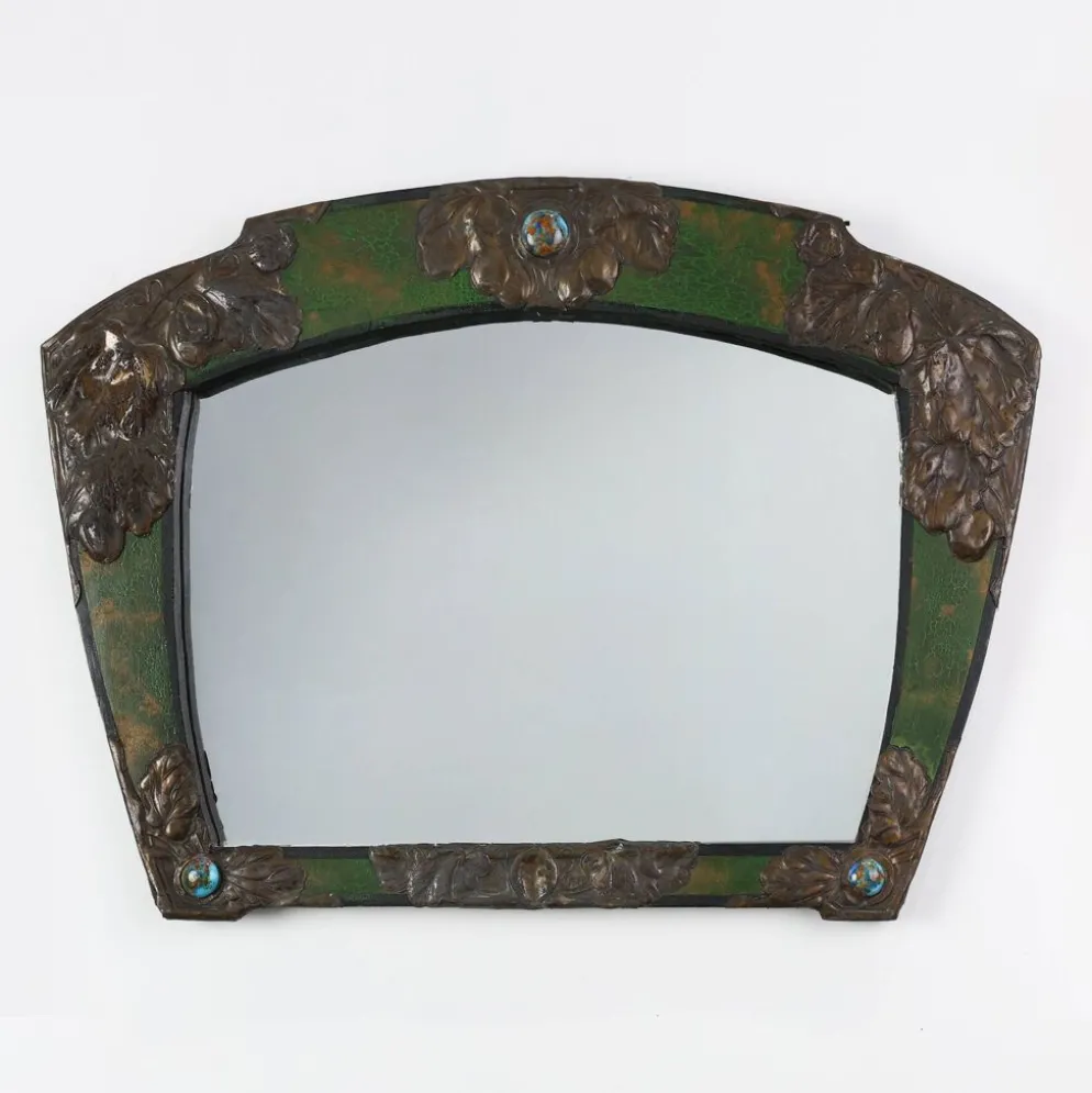 Miroir Arts & Crafts en métal vert avec décoration en verre, France vers 1905