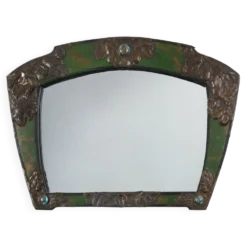 Miroir Arts & Crafts en métal vert avec décoration en verre, France vers 1905