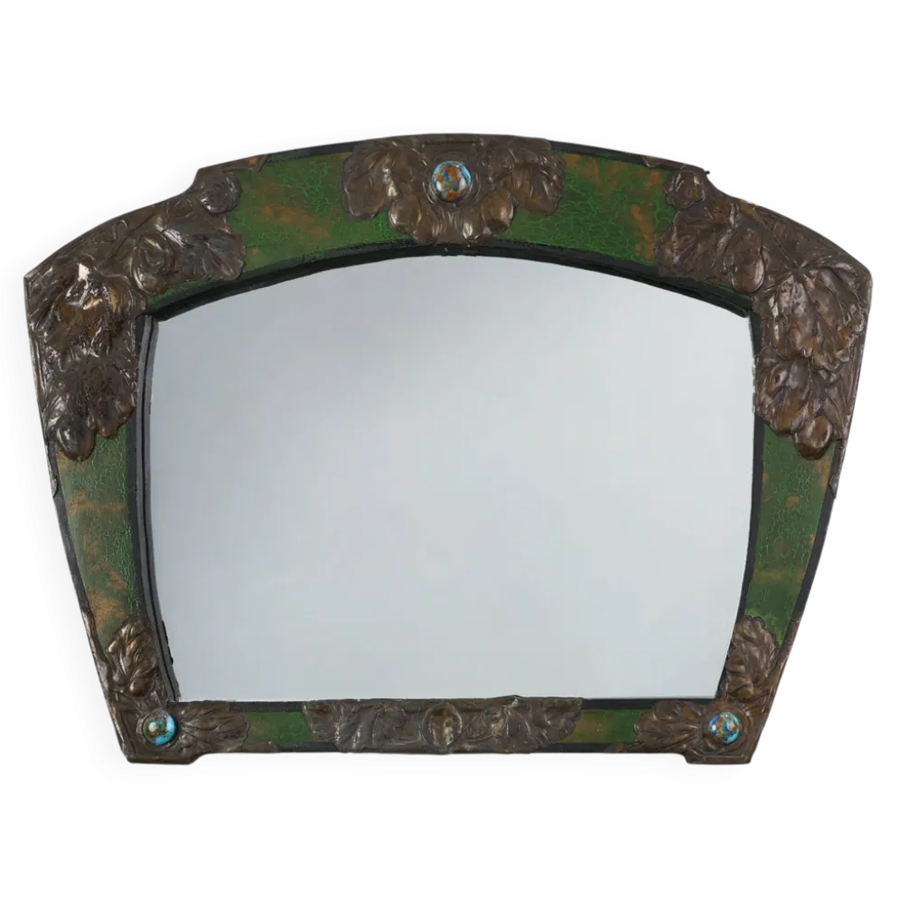 Miroir Arts & Crafts en métal vert avec décoration en verre, France vers 1905