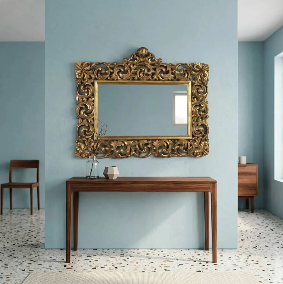 Miroir baroque ancien en bois sculpté et doré, Italie, XXe siècle