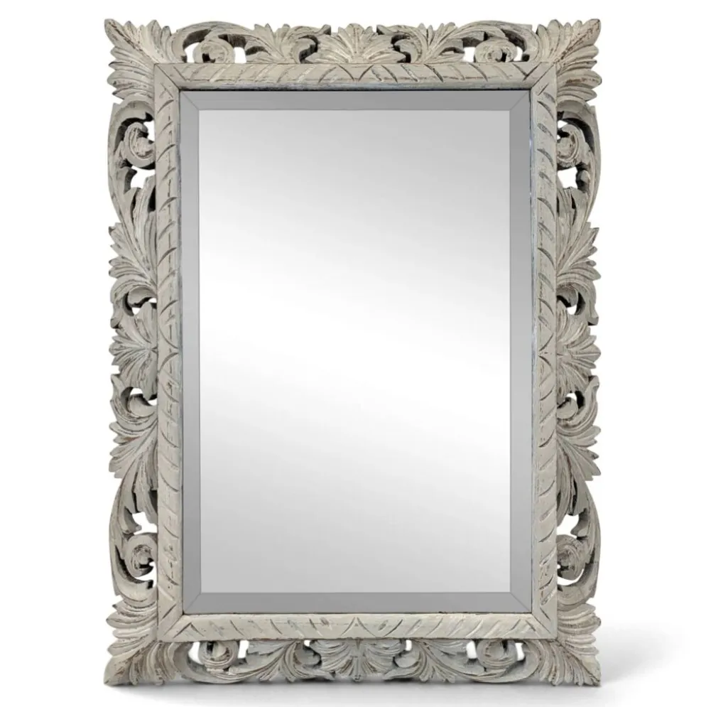 Miroir à cadre en bois sculpté ajouré patiné gris clair