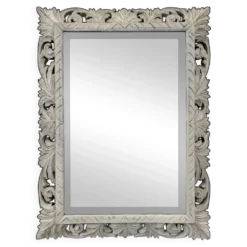 Miroir à cadre en bois sculpté ajouré patiné gris clair