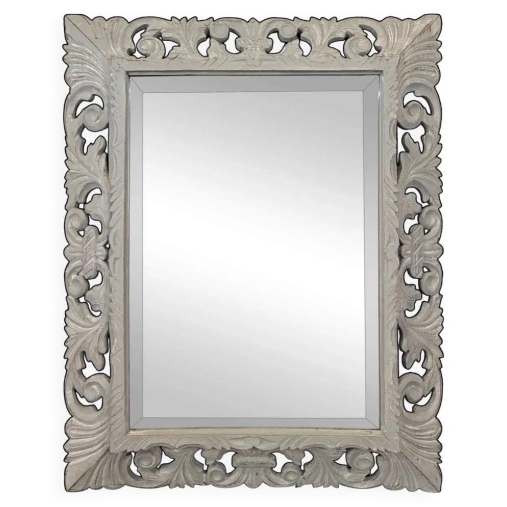 Miroir à cadre en bois sculpté ajouré patiné gris