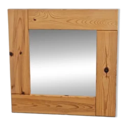 Miroir carré en pin scandinave vintage, années 1970