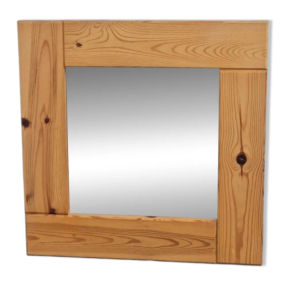 Miroir carré en pin scandinave vintage, années 1970