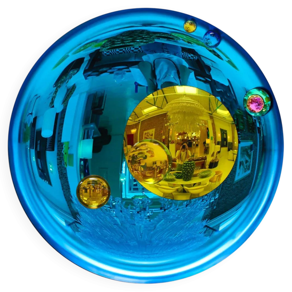 Miroir concave sculptural moderne français - Art mural fait main en verre bleu